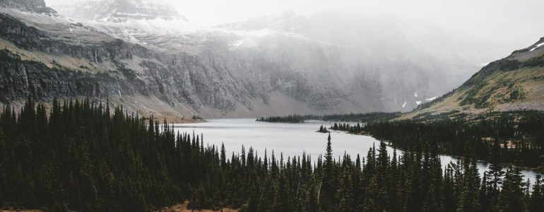 a mountain lake with fog and autumn colors