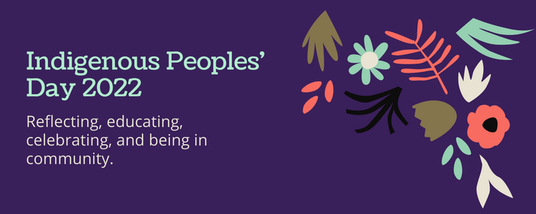 Decorative banner reading Indigenous Peoples' Day 2022: Reflecting, educating, celebrating and being in community.