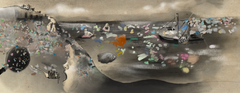 This illustration, by Seattle-based artist Mari Shibuya, depicts how plastic waste of different sizes can travel through the marine environment to end up in fish, on beaches, or inside people’s bodies.Mari Shibuya
