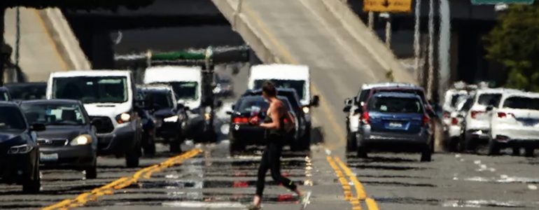 The air shimmers in Seattle’s Sodo neighborhood as the streets bake in June 2021. (Amanda Snyder / The Seattle Times)
