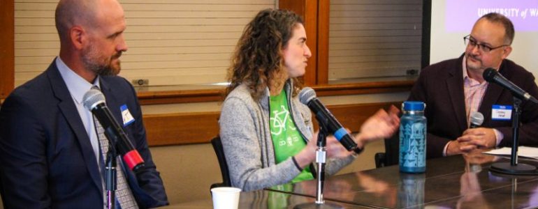 Dr. Jeremy Hess moderates panel on interdisciplinary strategies for resilient and sustainable healthcare systems in the face of climate change. (From left to right: Casey Paus, Stryker, Dr. Elizabeth Hansen, Seattle Children's Hospital, UW Medicine, Dr. Jeremy Hess, UW Medicine, Emergency CHanGE)