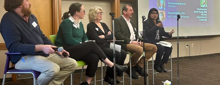 A panel discussion at the Society + Technology kick-off, featuring, from left: Jason Young, TASCHA, Researchers in Community at the Information School, UW Seattle; Constance McBarron, EarthLab, College of the Environment, UW Seattle; Kathleen Woodward, Simpson Center for the Humanities, UW Seattle; François Baneyx, CoMotion, UW Seattle; Divya McMillin, Innovation and Global Engagement, UW Tacoma. (Mollie Chehab Photo via UW)