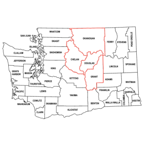 Map of WA State counties, with the four central WA counties from this project highlighted.