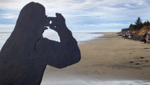 Photo station overlooking the North Cove beach at the end of Sea Mobile Road to help community scientists monitor coastline erosion. The metal silhouettes represent the likeness of North Cove residents. (Mike Siegel / The Seattle Times.)