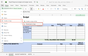Screenshot of how to download a copy of the Rapid Response Grants finances template