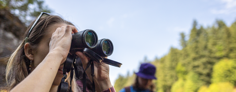 Image of person holding binoculars out in the field.